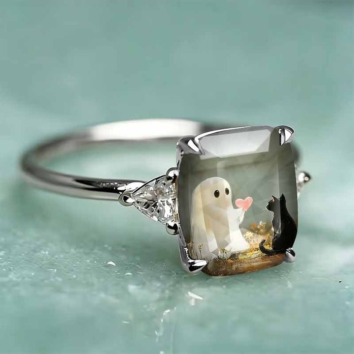Ghost & Black Cat Square Printed Ring, Silver & Gold Two‑Tone Options