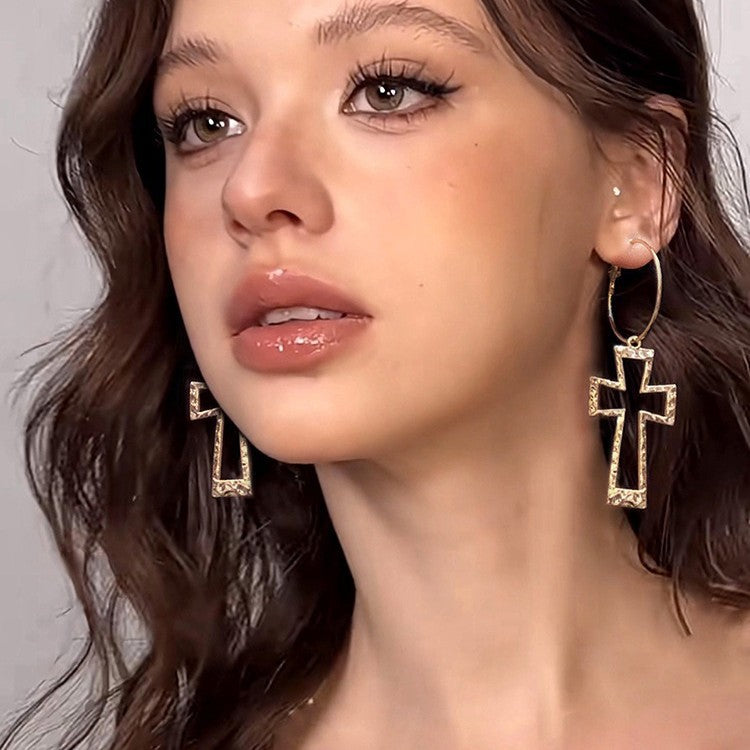 Hammered Hollow Cross Hoop Earrings, Vintage Textured Cross Charm Thin Click Hoops, Gold & Silver Punk Street Jewelry for Women