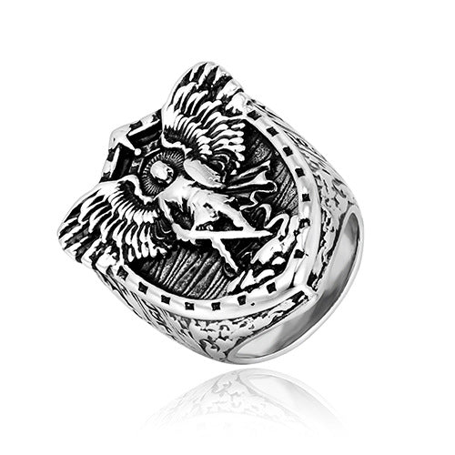 St. Michael Shield Embossed Guardian Signet Ring, S925 Silver Gold Tone / Antiqued Silver Religious Wide Band