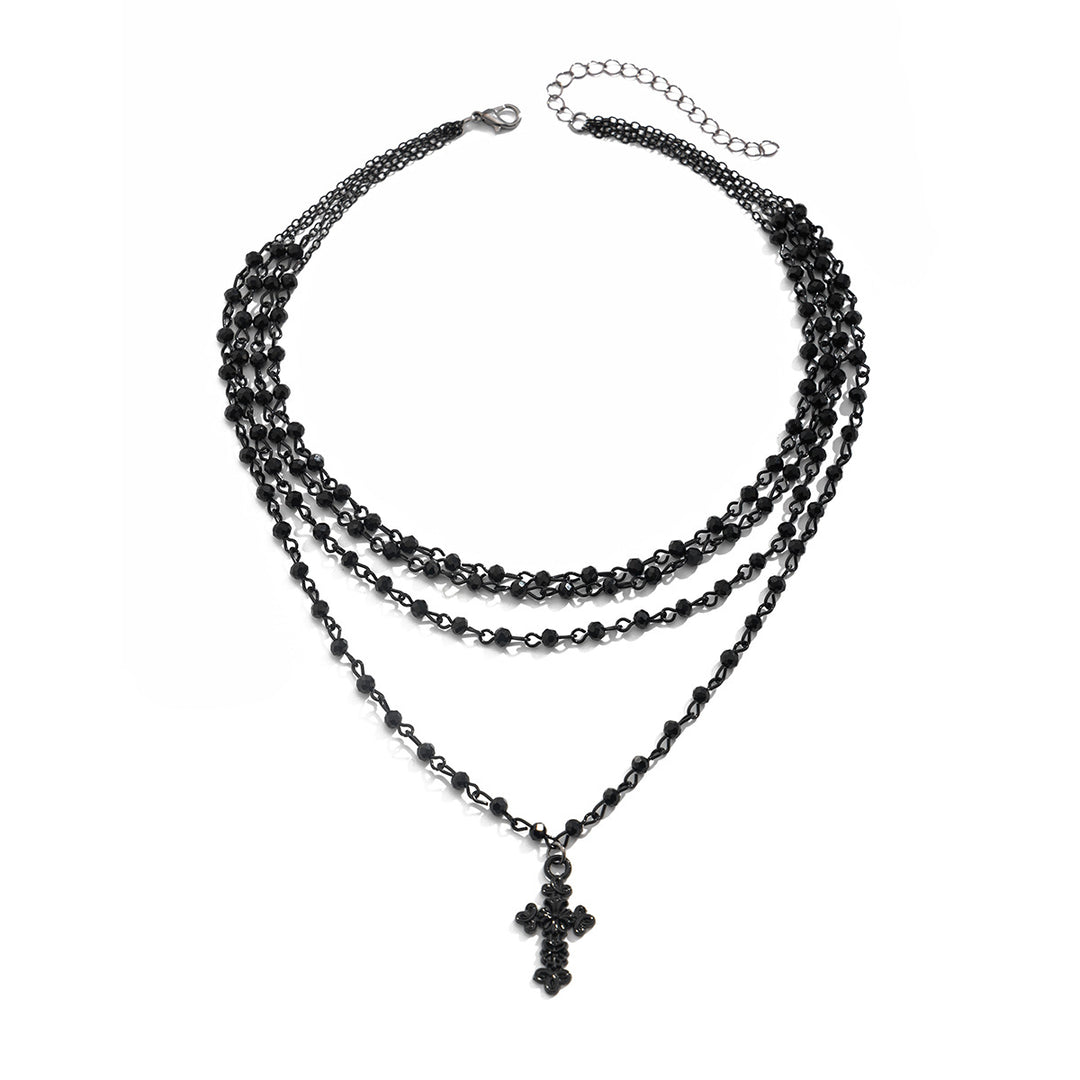 Multi-Layer Black Beaded Cross Pendant Necklace, Dark Style 4-Row Stack Cross Choker, Gothic Punk Collarbone Jewelry