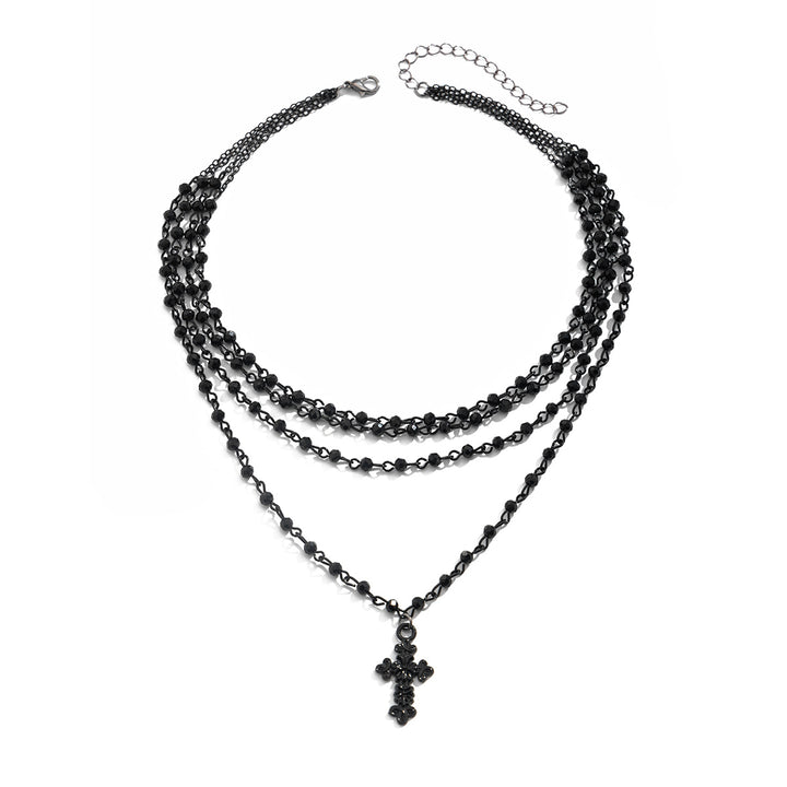 Multi-Layer Black Beaded Cross Pendant Necklace, Dark Style 4-Row Stack Cross Choker, Gothic Punk Collarbone Jewelry