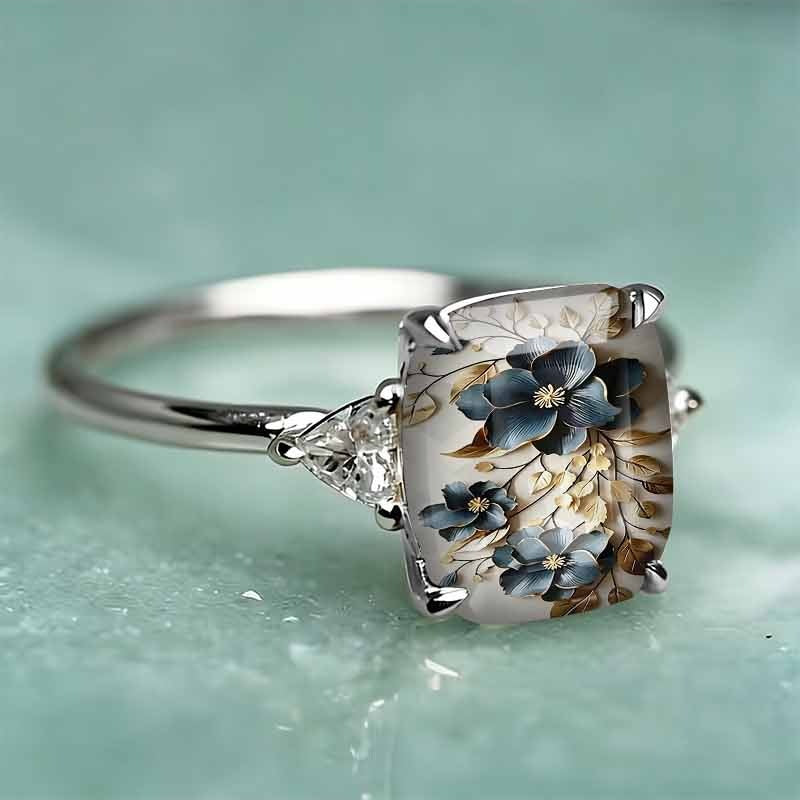 Rectangle‑Shape Blue Floral Printed Ring, Two‑Tone Options
