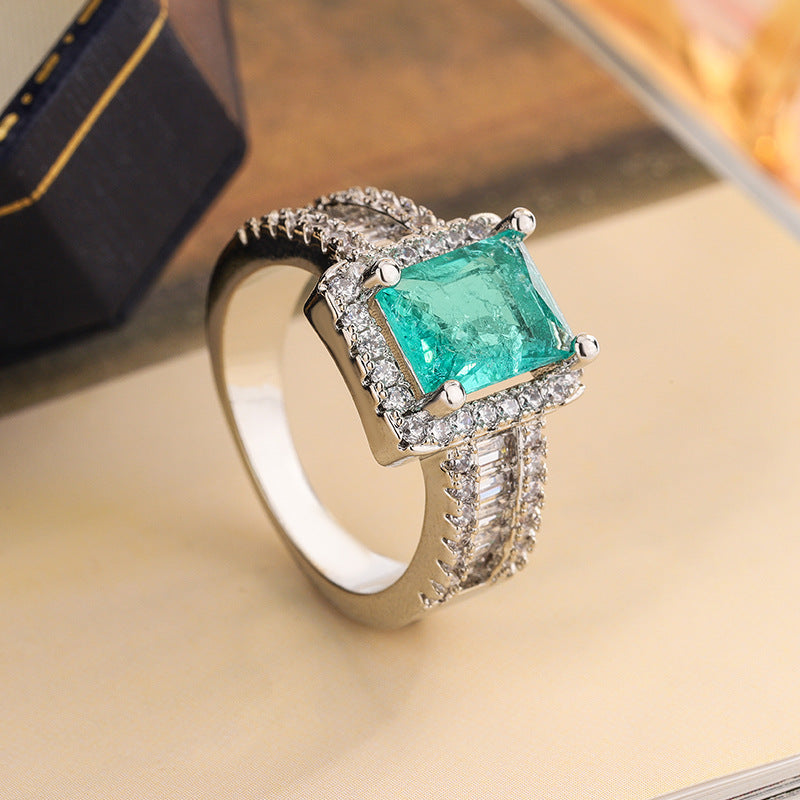 Square Green Gemstone Halo Diamond S925 Silver Ring