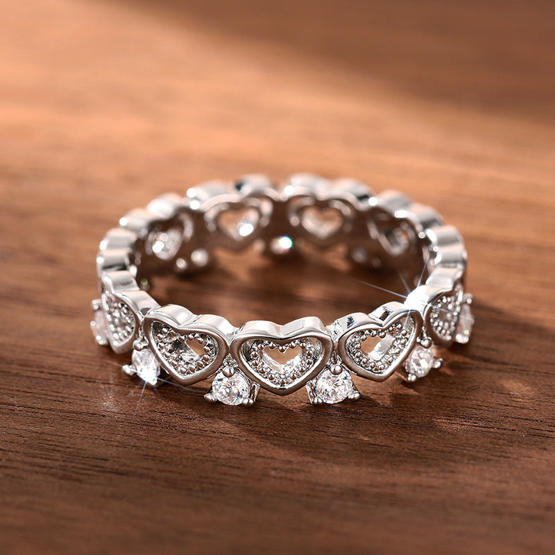 Hollow Heart Paved Diamond Eternity Band Ring, Gold & Silver Dainty Stackable Closed Ring for Women