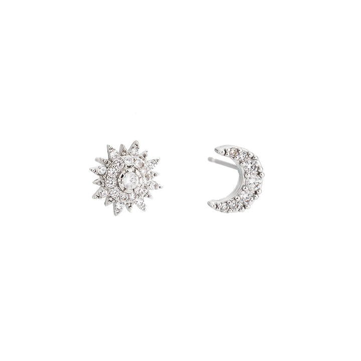Sun And Moon Asymmetric Diamond Earrings, Starry Moon Paved Stud Earrings