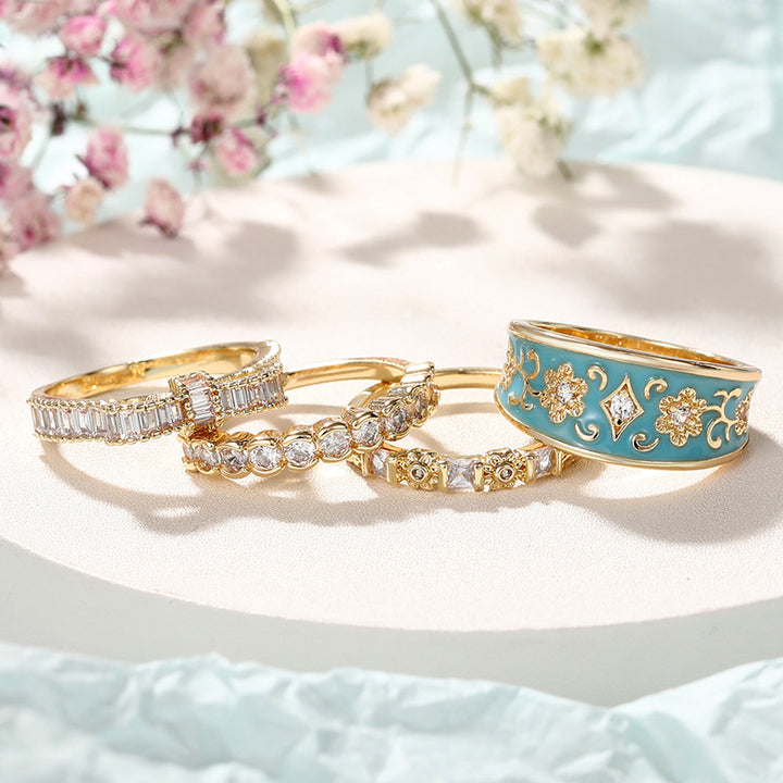 French Enamel Floral Pave Diamond 4-Piece Stackable Ring Set, Solid S925 Silver Gold Tone Vintage Palace Band Set