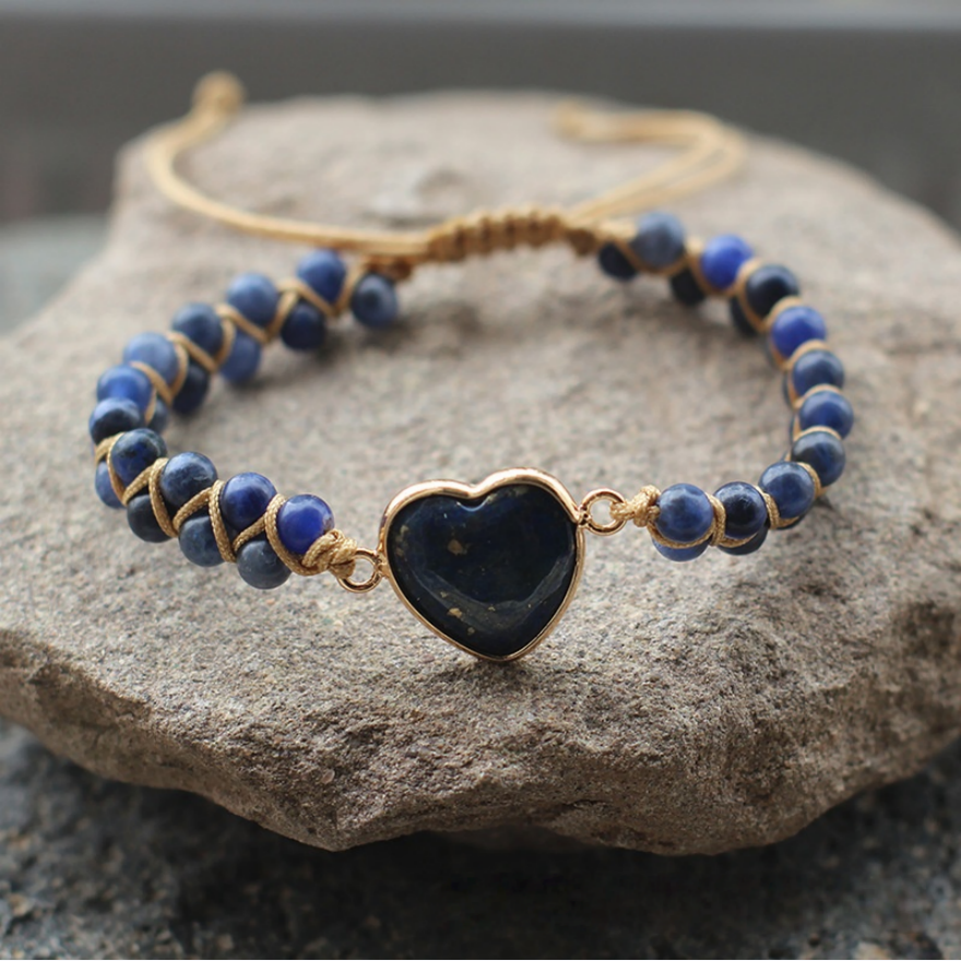 Heart Natural Stone Woven Adjustable Bracelet, Multi‑Color Boho Beaded Bracelet