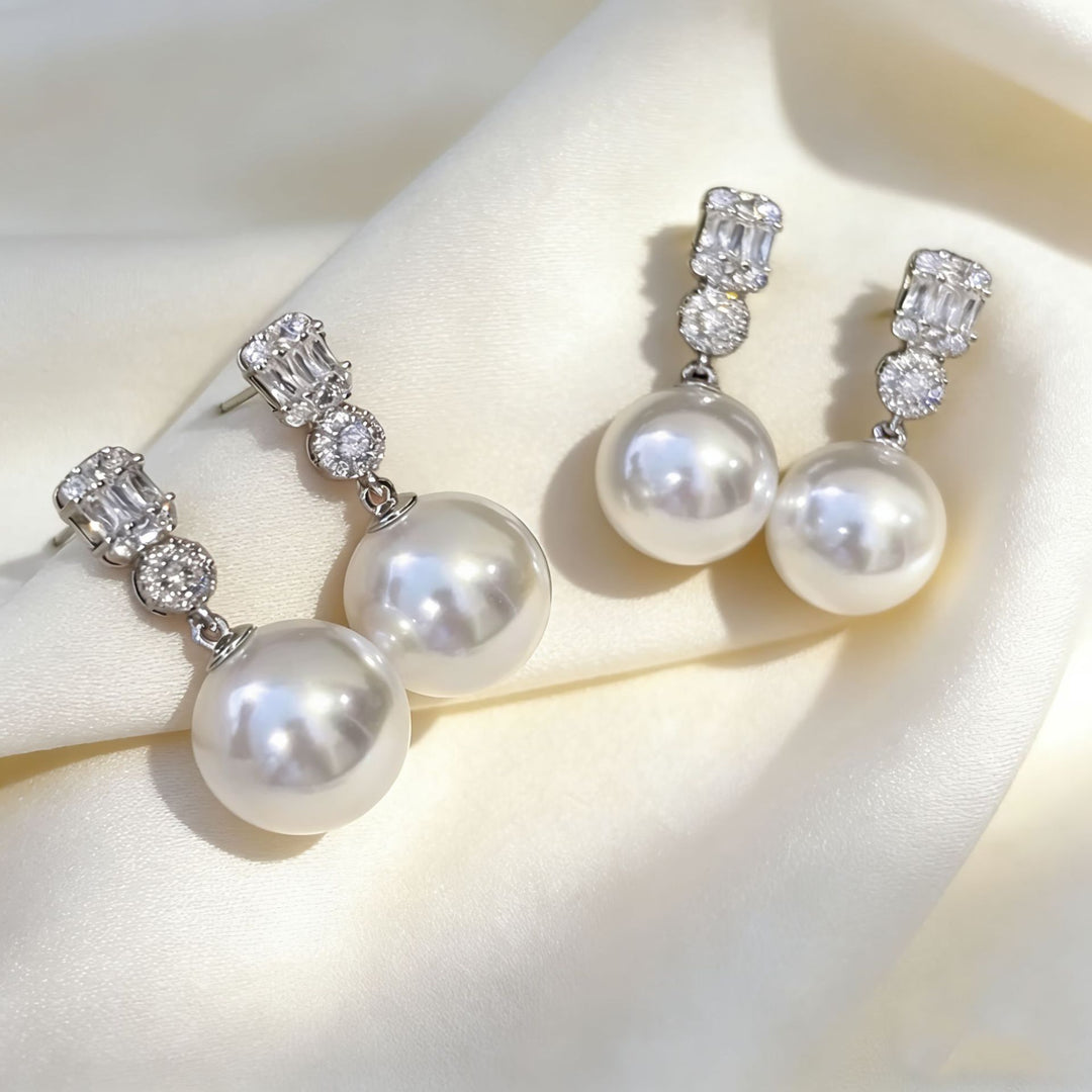 Three Stone Short Pearl Drop Stud Earrings, Simple Luxury Luster Pearl Dangle Earrings, Gold & Silver Two Tones Available