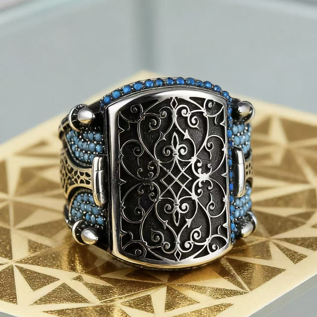 Vintage‑Engraved Hollow Turquoise Wide‑Band Men’s Ring