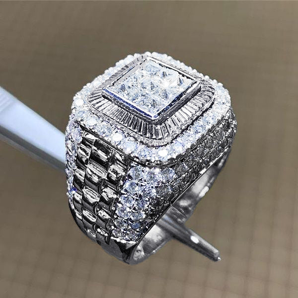 Hip Hop Square Paved Diamond Men Ring, Double Layer Square Watch Band Texture Heavy Titanium Steel Band Gold Silver Male Jewelry