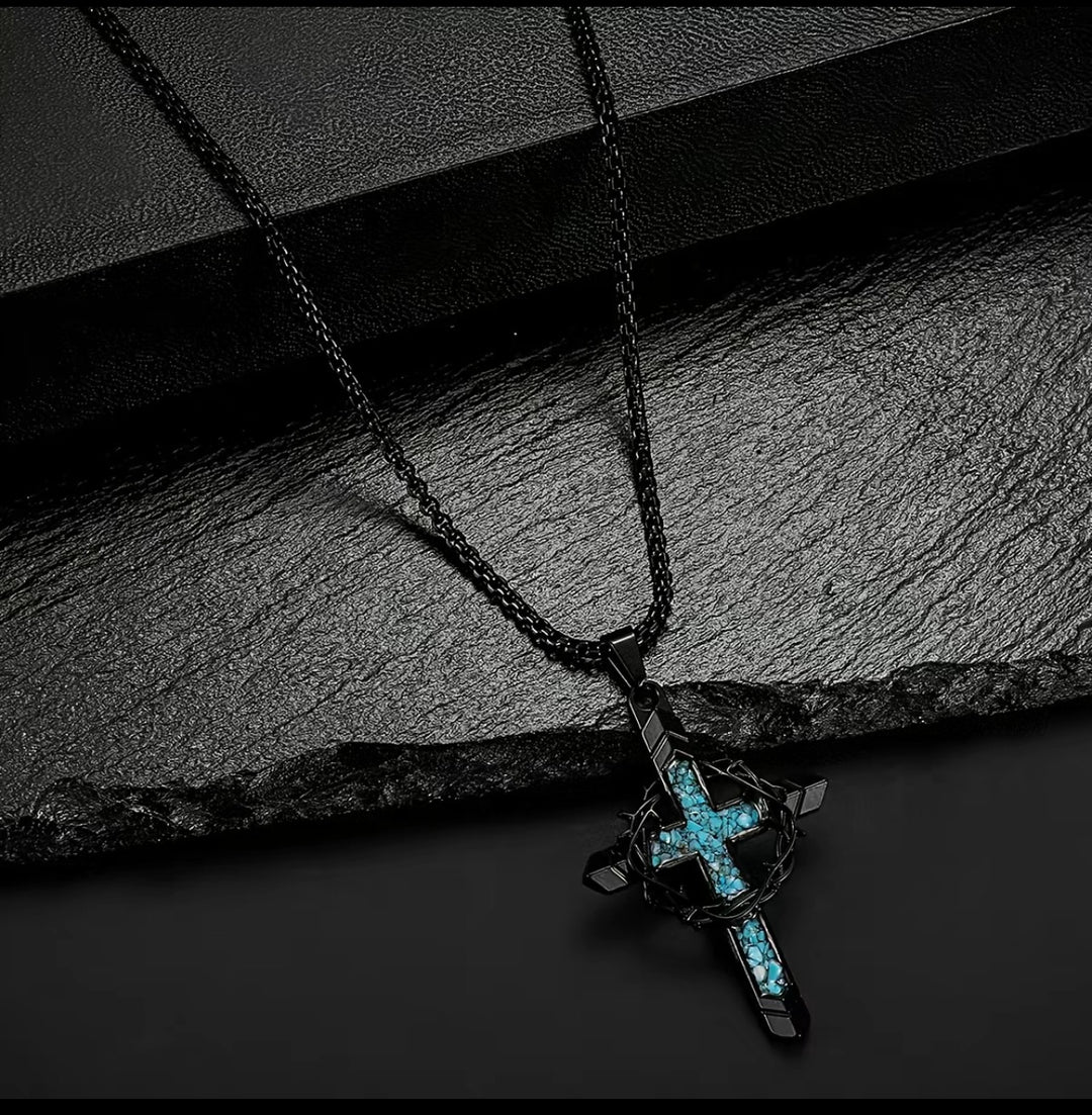 Thorn Wrapped Turquoise Chip Cross Necklace, Gold & Silver Vintage Punk Necklace for Men
