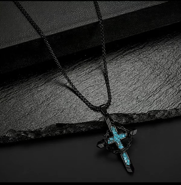 Thorn Wrapped Turquoise Chip Cross Necklace, Gold & Silver Vintage Punk Necklace for Men