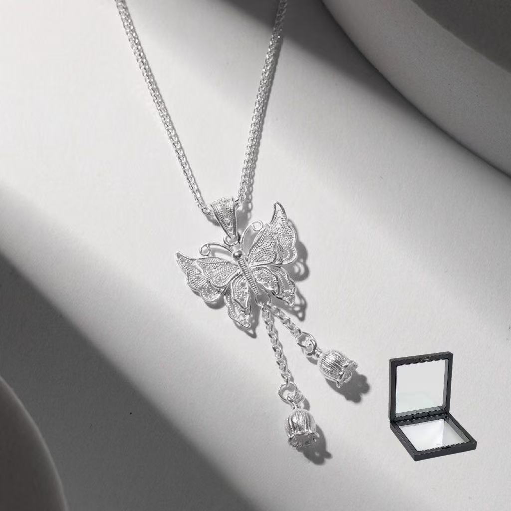 Vintage Double Layer Butterfly Lily of the Valley Pendant Necklace, Antique Silver Ethnic Hollow Pattern Collarbone Chain