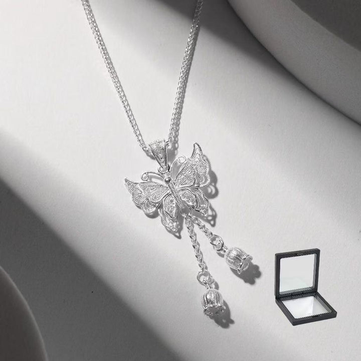 Vintage Double Layer Butterfly Lily of the Valley Pendant Necklace, Antique Silver Ethnic Hollow Pattern Collarbone Chain