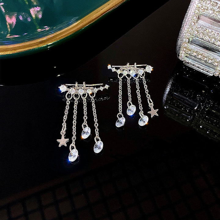 Star & Teardrop Diamond Tassel Stud Earrings, Luxury Long Chain Dangle Earrings, Gold & Silver Two Tones Available