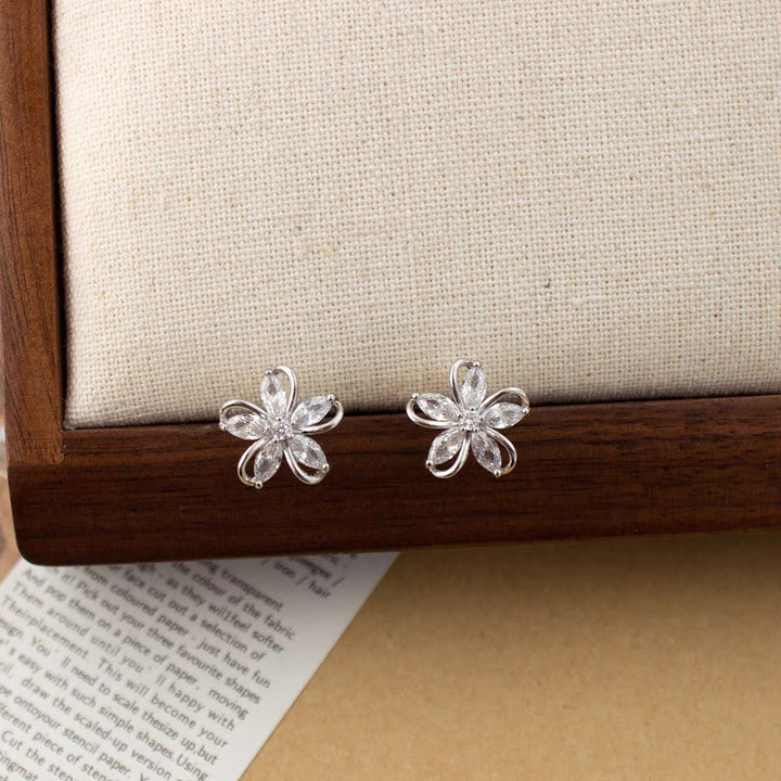 Hollow 5-Petal Flower Diamond Stud Earrings, Marquise Stone Floral Earrings, Gold & Silver Tone Minimal Flower Studs