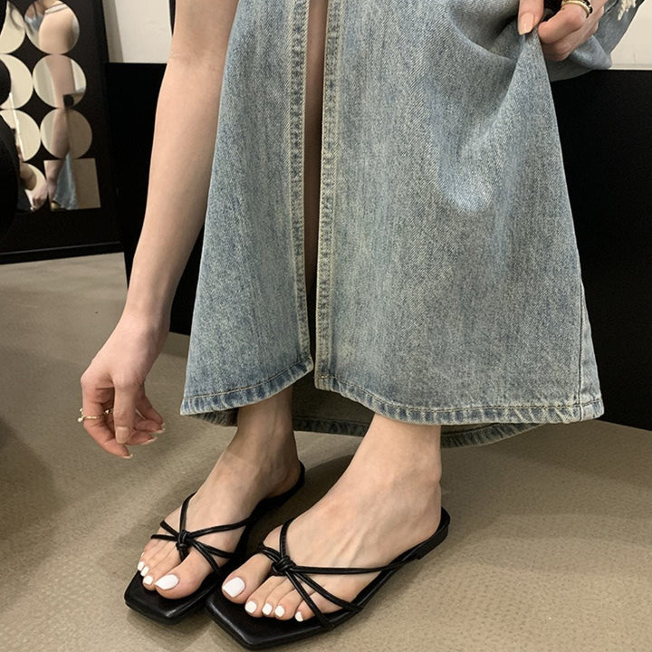 French Thin Strap Square Toe Slide Sandals, Multi Color Flat Summer Slippers