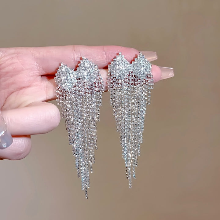 Full Pave Crystal Heart Chain Tassel Long Drop Earrings, Solid S925 Silver Gold & Silver Two-Tone Luxury Banquet Sparkling Jewelry