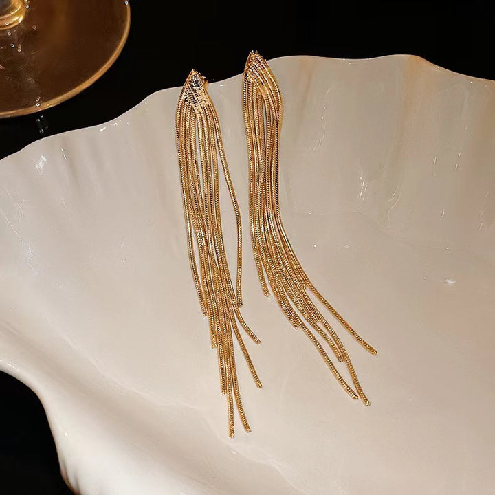 Multi-Layer Gold Tassel Long Earrings, Snake Chain Dangle Slimming Elegant Gold Drop Jewelry