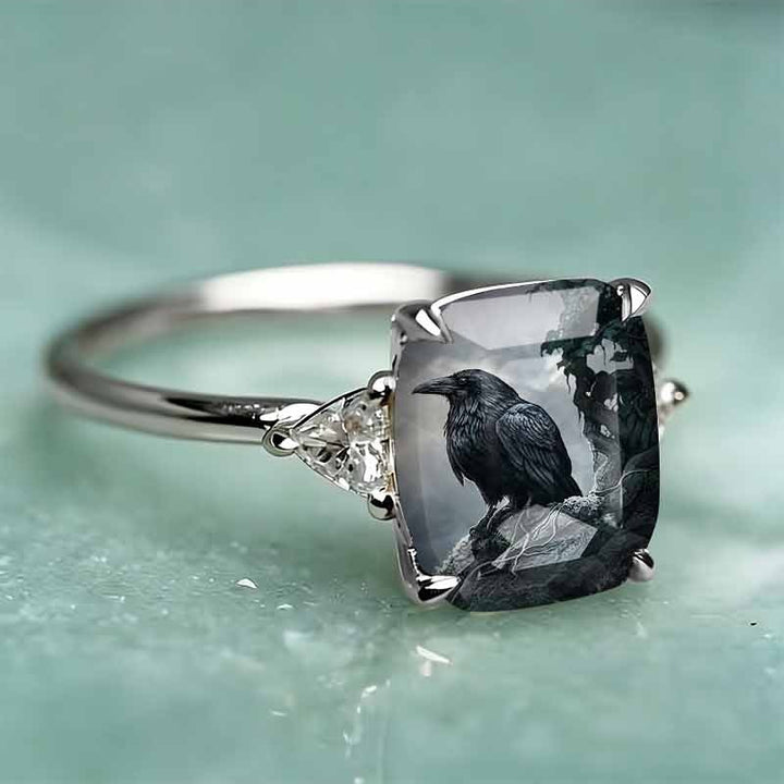 Rectangle‑Shape Crow Printed Ring, Two‑Tone Options