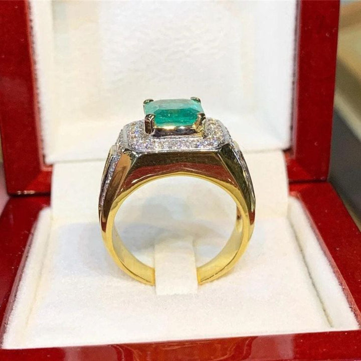Men’s Square Green Center Stone Halo Bold Ring