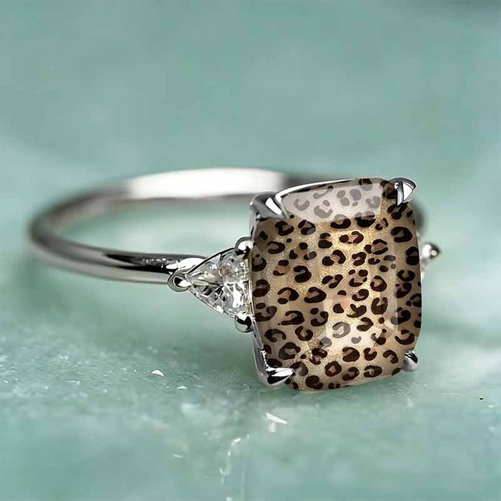 Vintage Leopard Print Rectangle Resin Stone Ring, Solid S925 Silver Gold & Silver Two-Tone Wild Trendy Unique Band