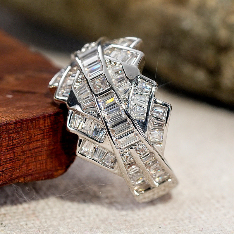 Double Layer Interwoven Baguette Diamond Wavy Wide Ring, Solid S925 Silver Gold & Silver Two-Tone Luxury Heavy Pave Band