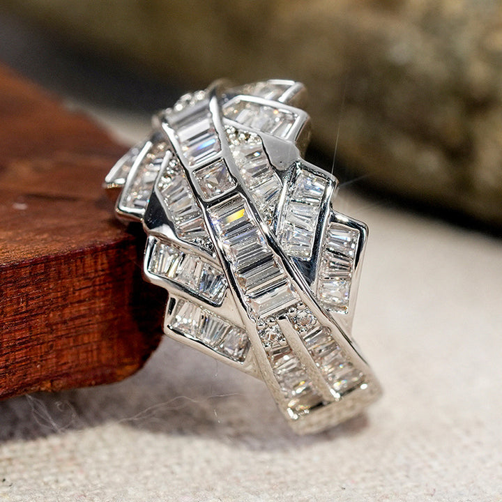 Double Layer Interwoven Baguette Diamond Wavy Wide Ring, Solid S925 Silver Gold & Silver Two-Tone Luxury Heavy Pave Band