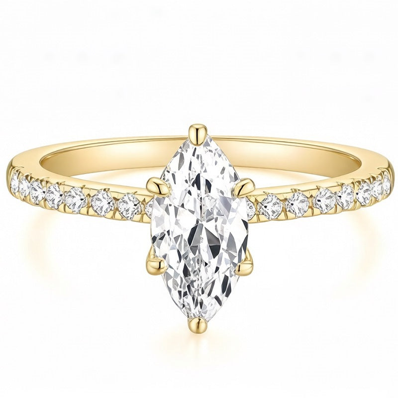 Marquise Cut Six-Prong Paved Thin Shank Ring, Gold & Silver Elegant Engagement Band for Women