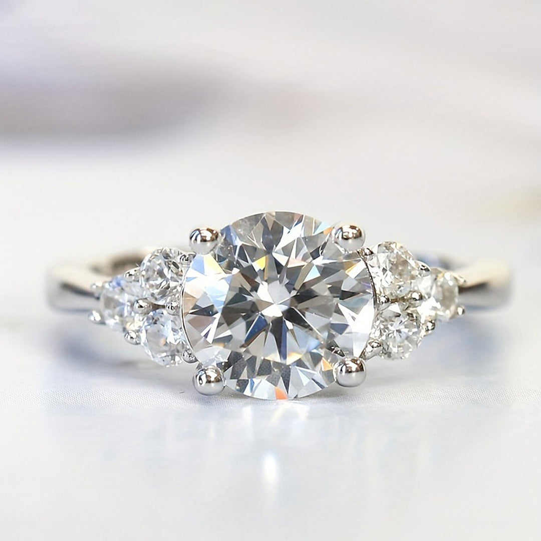 Four-Prong Round Center Stone Side Accent Engagement Ring, Solid S925 Silver Gold & Silver Two-Tone Luxury Promise Jewelry