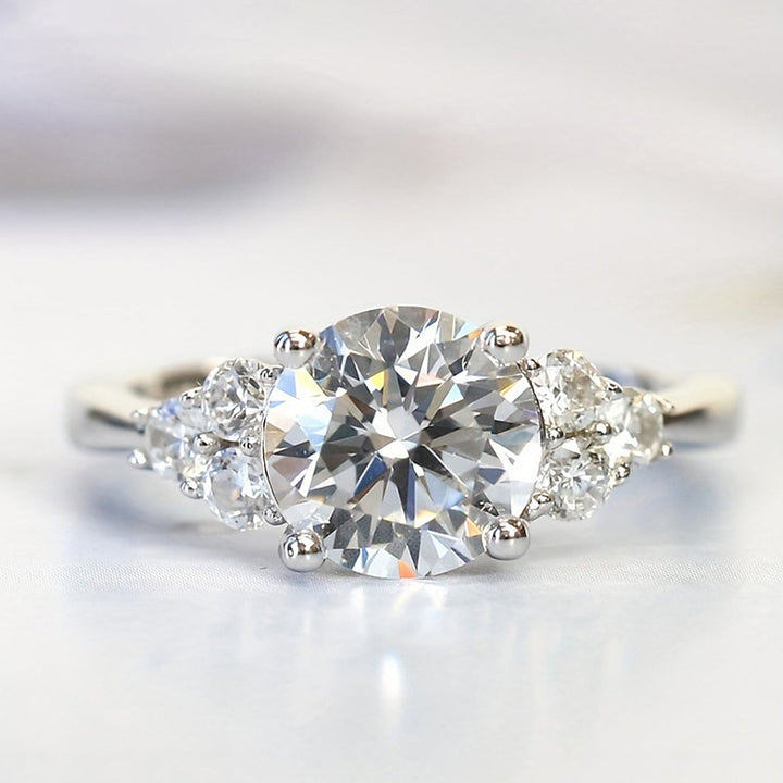 Four-Prong Round Center Stone Side Accent Engagement Ring, Solid S925 Silver Gold & Silver Two-Tone Luxury Promise Jewelry