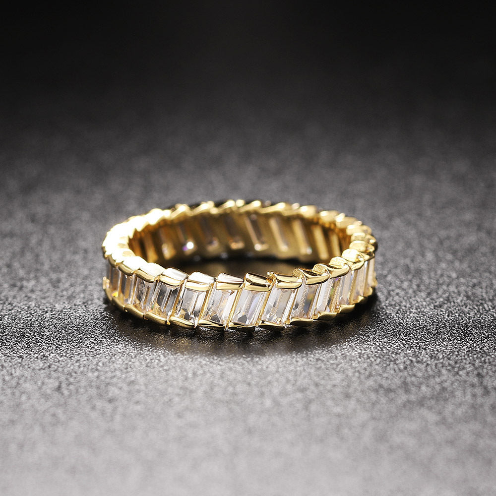 Baguette Chain Link Eternity Ring, 3 Colors Full Diamond Hollow Band For Women