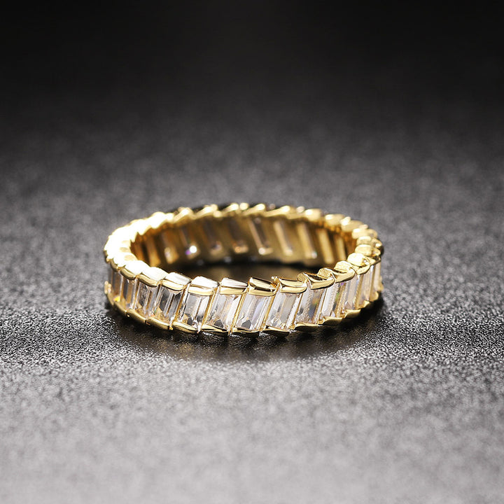 Baguette Chain Link Eternity Ring, 3 Colors Full Diamond Hollow Band For Women