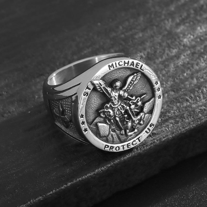 St. Michael Archangel Dragon Slayer Embossed Round Signet Ring, S925 Silver Silver & Gold Two-Tone Vintage Religious Men’s Band