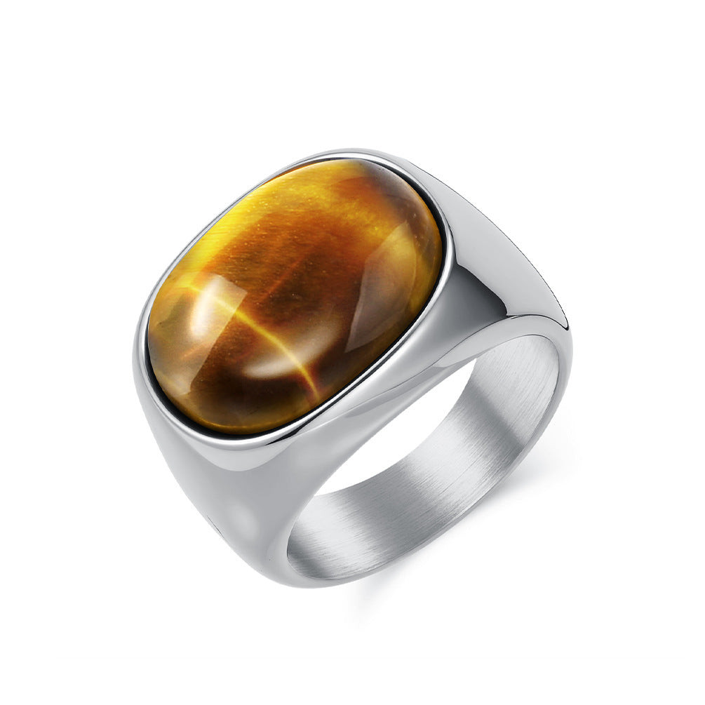 Minimalist Oval Cabochon Gem Solid Signet Ring, S925 Silver Gold/Black/Silver 3 Colors Tiger Eye & Onyx Unisex Wide Band