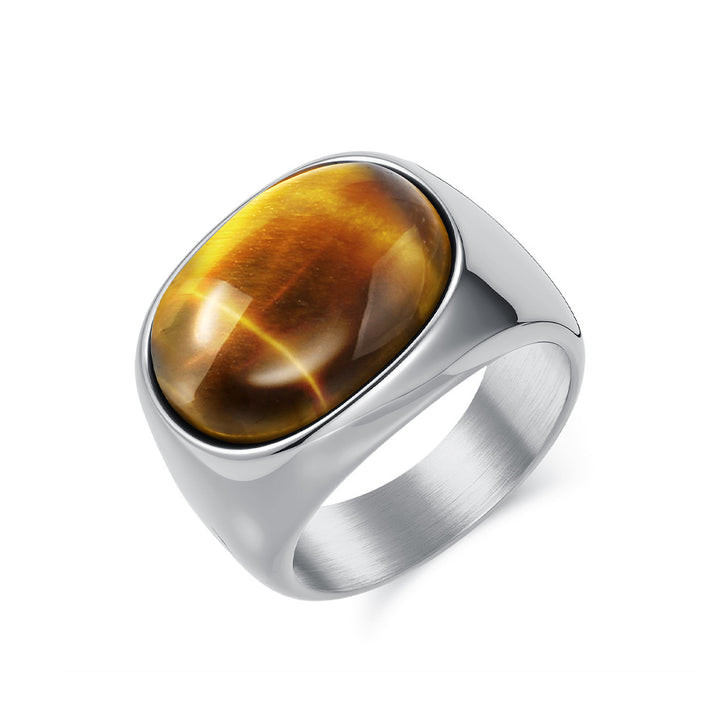 Minimalist Oval Cabochon Gem Solid Signet Ring, S925 Silver Gold/Black/Silver 3 Colors Tiger Eye & Onyx Unisex Wide Band