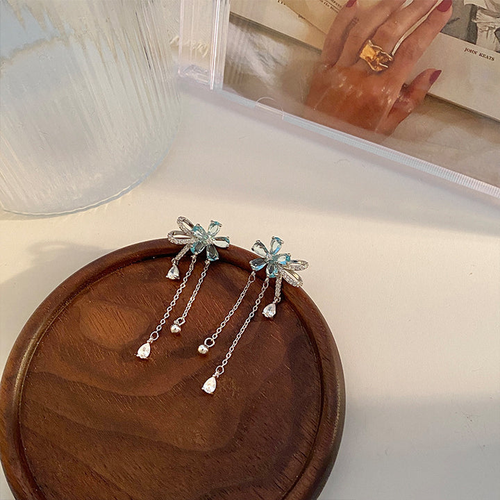 Light Blue Crystal Flower Tassel Stud Earrings, Fresh Blue Diamond Floral Long Chain Earrings, Gold & Silver Two Tones Available