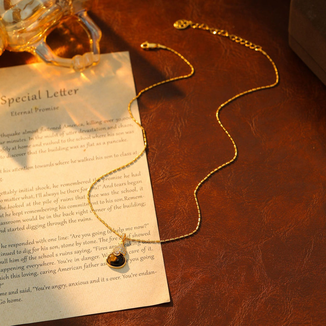 S925 Silver Gourd Gemstone Necklace, Luxury Full Diamond Fu Lu Pendant Turquoise & Tiger Eye Gold Clavicle Chain