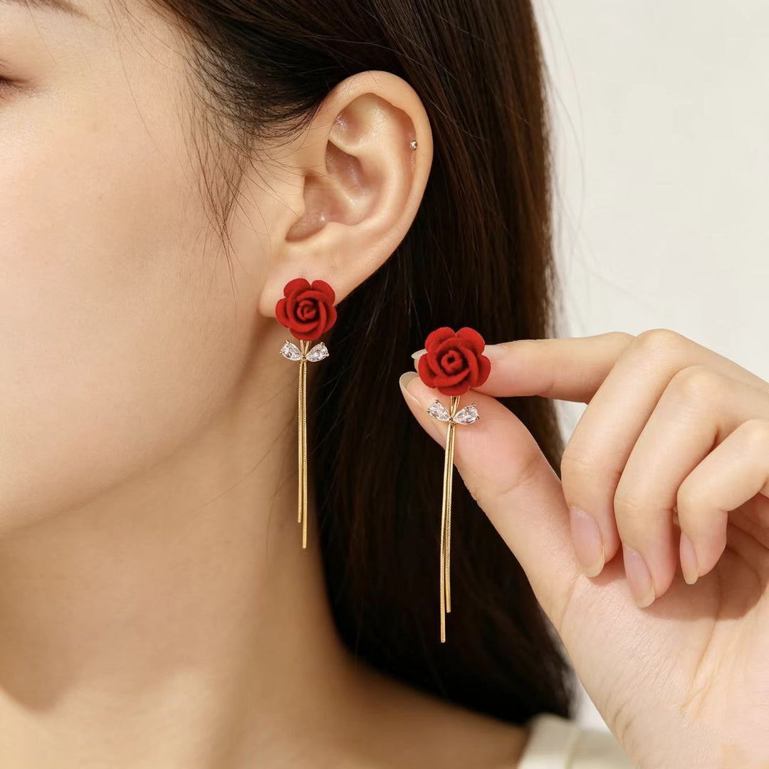 Flocking Rose Pearl Hook Earrings, Gentle Red & Pink Rose Diamond Long Dangle Earrings, Two Colors Available