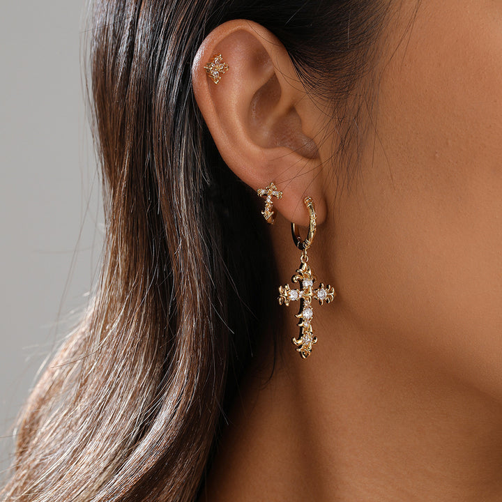 Vintage Carved Cross Diamond Earring Set, Gold Gothic Multi-style Cross Earring Pack
