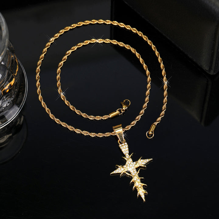 S925 Silver Paved Star Cross Pendant Necklace, 2 Colors Rope Chain Unisex Necklace