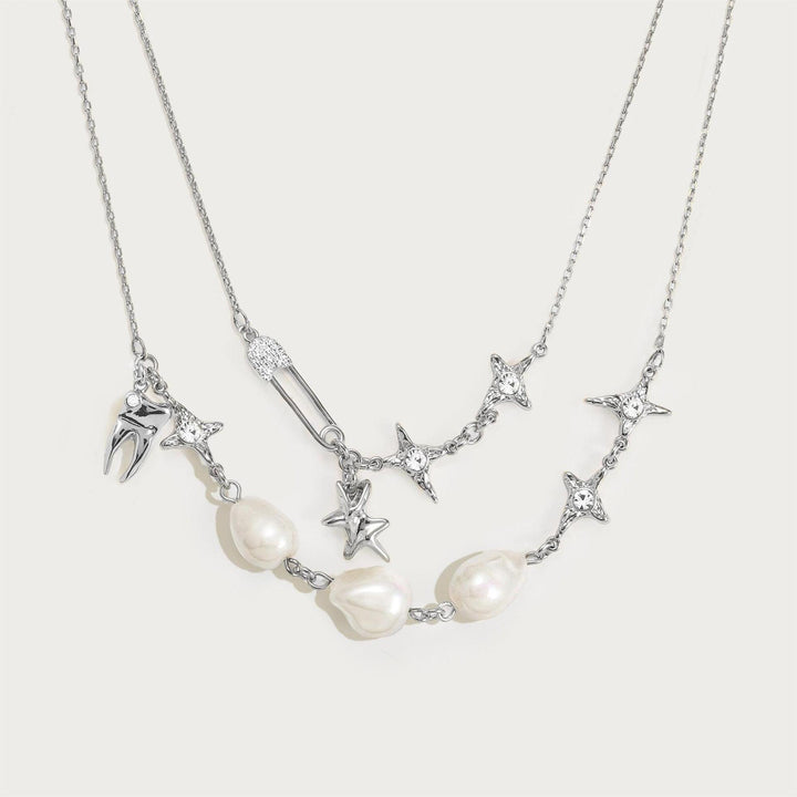 Baroque Pearl Star Tooth Safety Pin Charm Necklace, Niche Mixed Multi-Charm Collarbone Chain, Gold & Silver Two-Tone Sweet Cool Jewelry