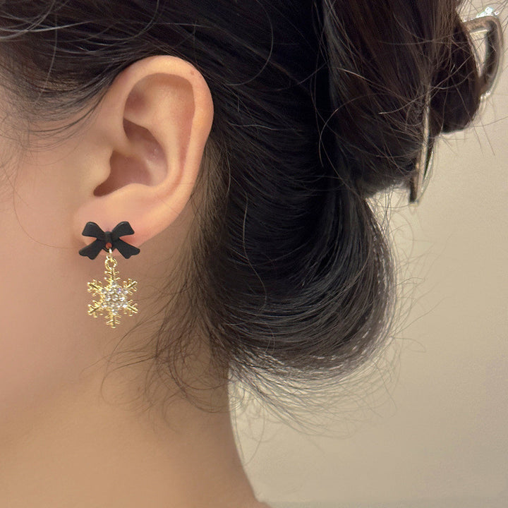 S925 Silver Bow Snowflake Diamond Drop Earrings