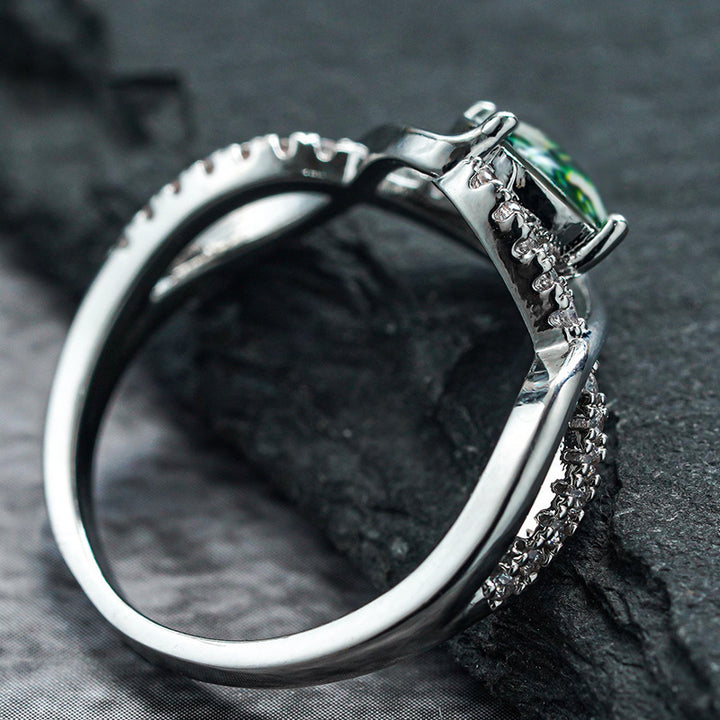 Twisted Shank Moss Agate Ring, Forest Style Paved Diamond Silver Delicate Band for Women