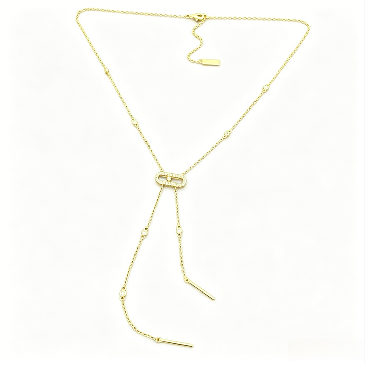 Pave Paperclip Y-Shaped Tassel Choker, Gold & Silver Adjustable Long Luxury Slide Necklace