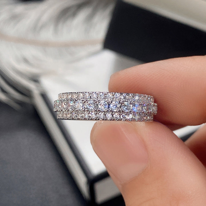 Three‑Row Full‑Paved S925 Silver Band Ring, Vintage Milgrain Eternity Ring With Full‑Circle Diamonds, Gold / Silver / Rose‑Gold Three‑Tone