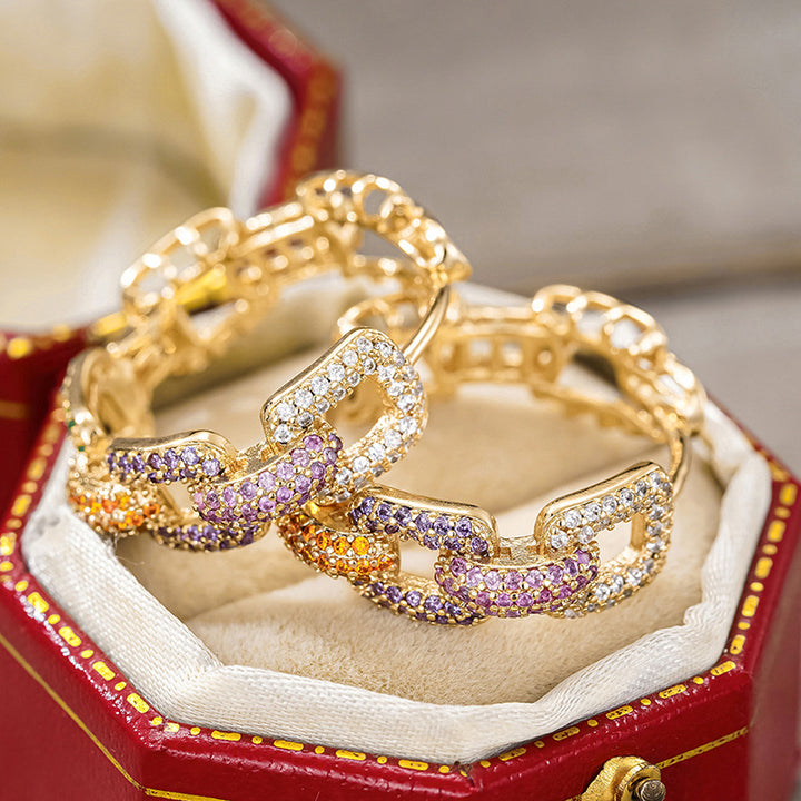 Chunky Chain Color Gradient Paved Hoop Earrings, Hip Hop Geometric Link Luxury Leverback Earrings for Women