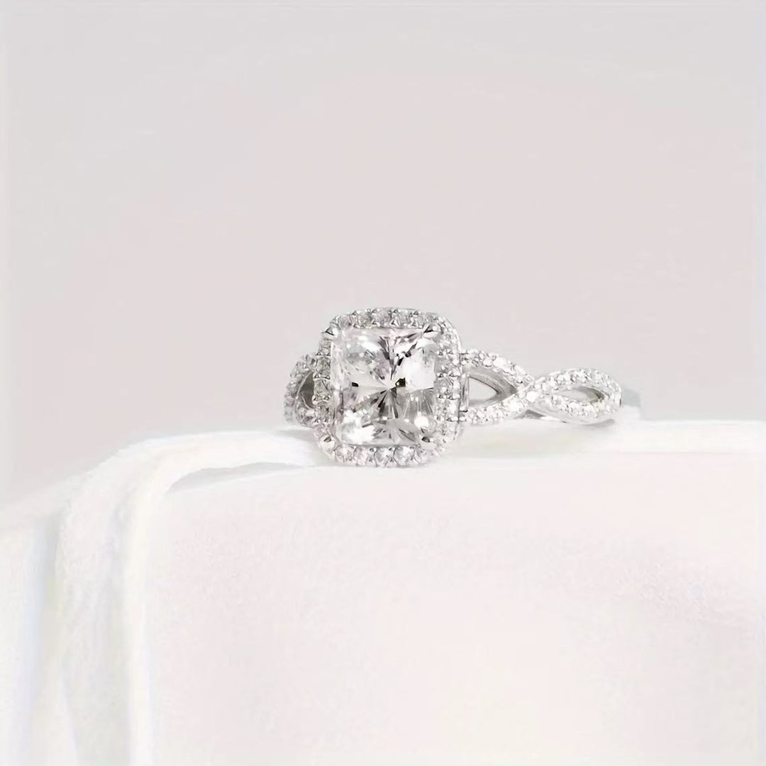 Square Center Diamond Halo Paved Ring, Luxury Twisted Split Shank Engagement Promise Ring for Women