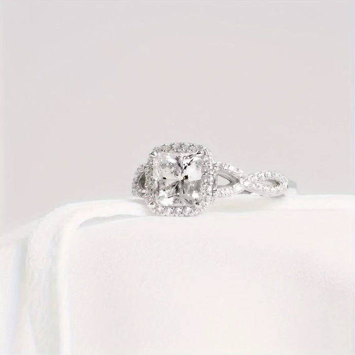 Square Center Diamond Halo Paved Ring, Luxury Twisted Split Shank Engagement Promise Ring for Women