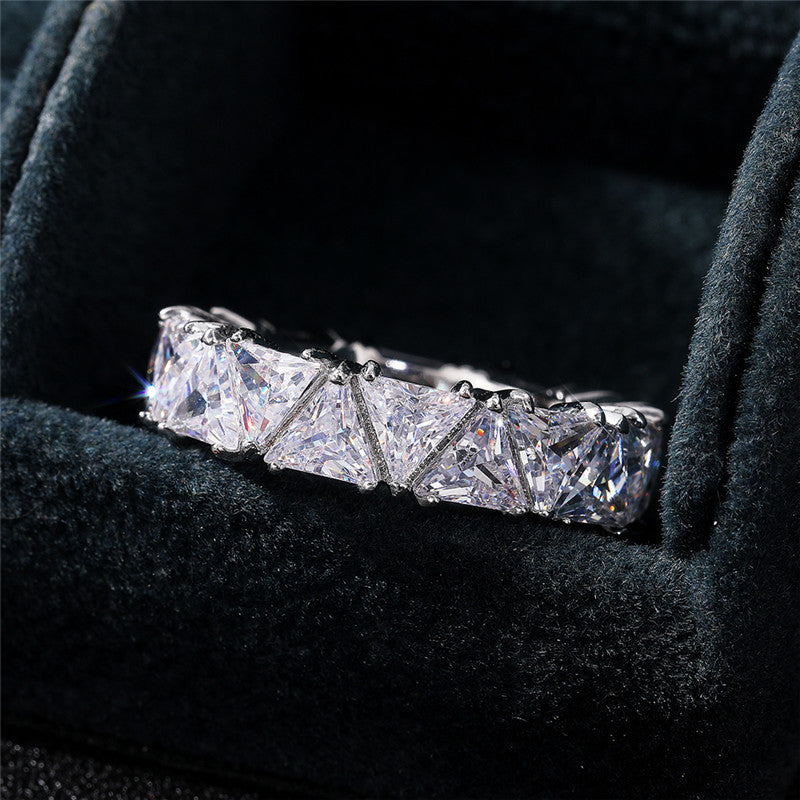 Triangle Cut Full Eternity Band Ring, Solid S925 Silver 4 Color Options Heavy Full Pave Crystal Stackable Band